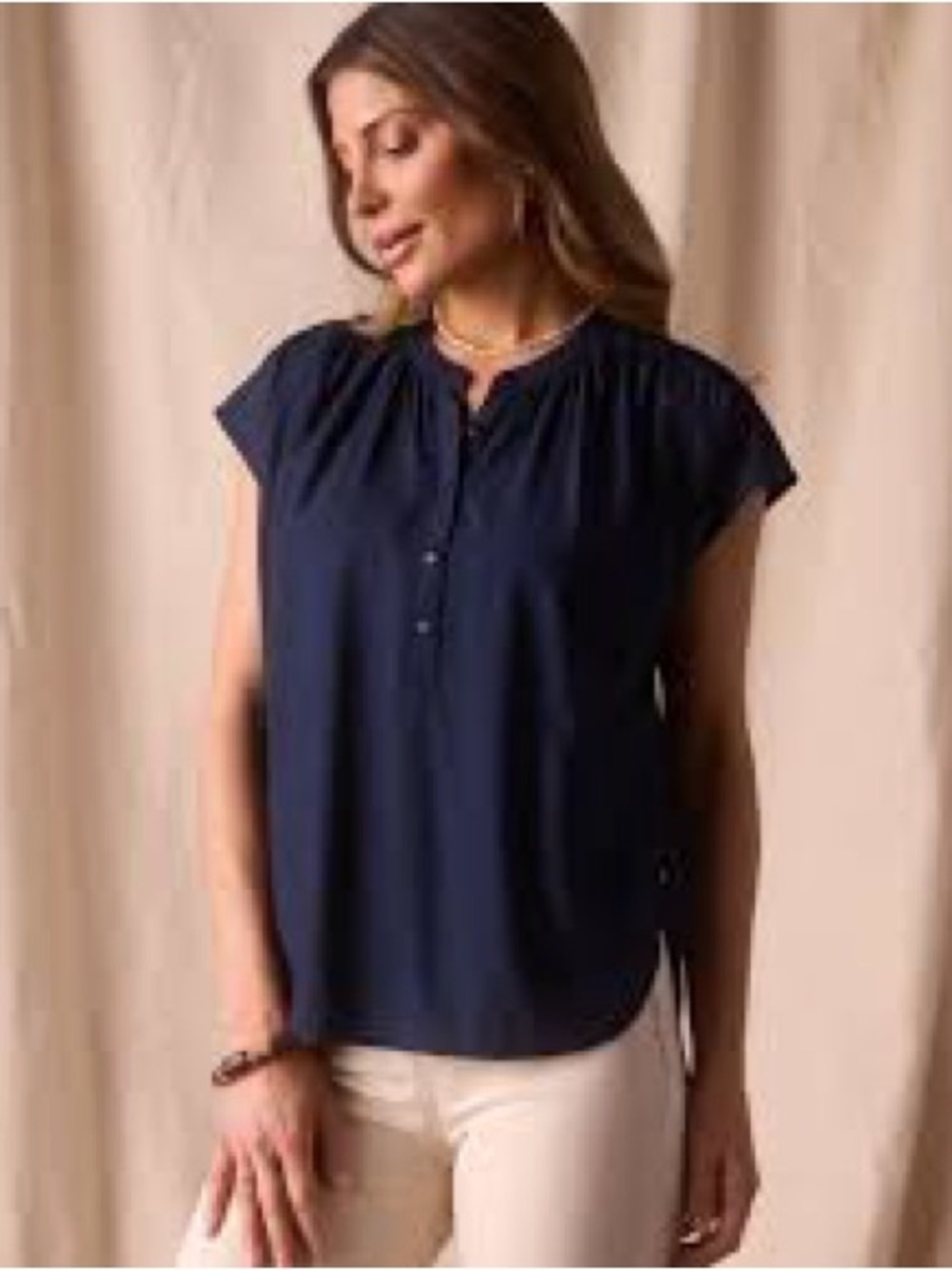 Banana Republic Navy Cap-Sleeve Henley Blouse